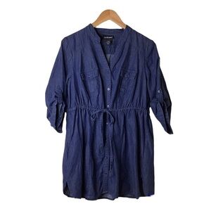Lane Bryant Size‎ 14/16 100% Cotton Blue Chambray Top V-neck Drawstring Roll Tab
